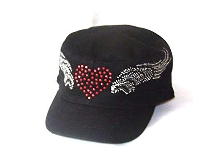 Red Heart Large Wings Rhinestones Flattop Vintage Hat