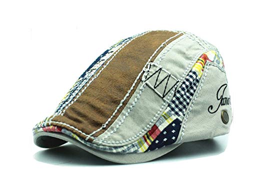 PitbullSyndicate Multicolor Unisex One Size Plaid Patchwork Cotton Flat Cap Hat (brown patch)