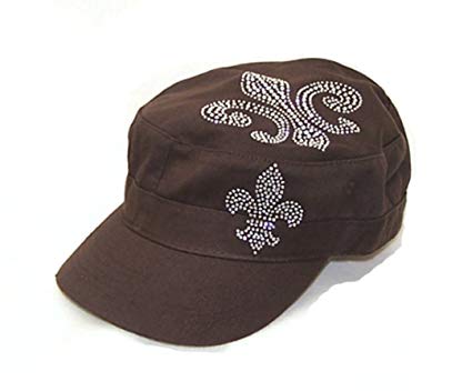Fleur De Lis Rhinestone Flattop Vintage Brown Visor Hat