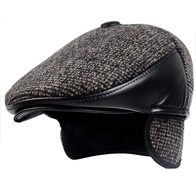 Elwow Men's Winter Linen & Leather Cabbie Vintage Flat Cap, Hunting Irish Hat, Fashion Gatsby Driver Ivy Cap Newsboy Hat with Flip-Down Earflaps