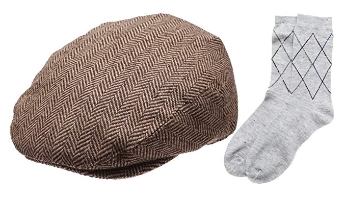 Newhattan Men's Collection Wool Blend Herringbone Tweed Newsboy Ivy Hat with Dress Socks.