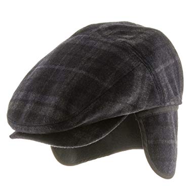 Ultrafino Tusco Wool Grey Plaid Ivy Cap Newsboy Hat with Fleece Ear Flaps