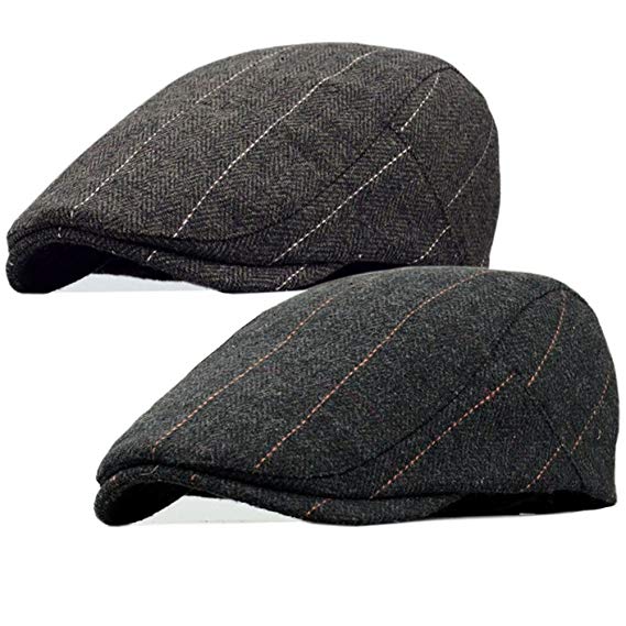 2 Pack Men's Warm Wool Tweed Blend newsboy Flat Cap IVY Cabbie Driving Winter Hat