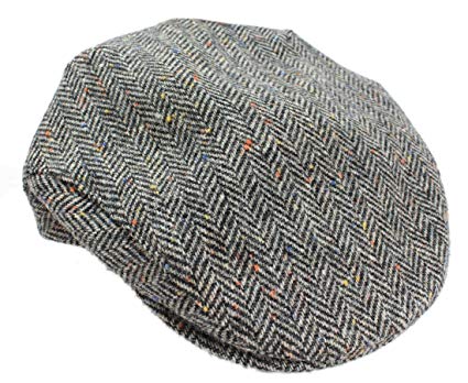 Mucros Mens Flat Irish Hat Grey Herringbone Wool Made in Ireland