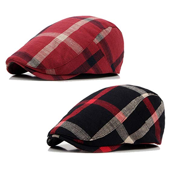 ZLSLZ 2 Pack Men's Plaid Cotton Flat Newsboy Ivy Cabbie Golf Gatsby Cap Hat