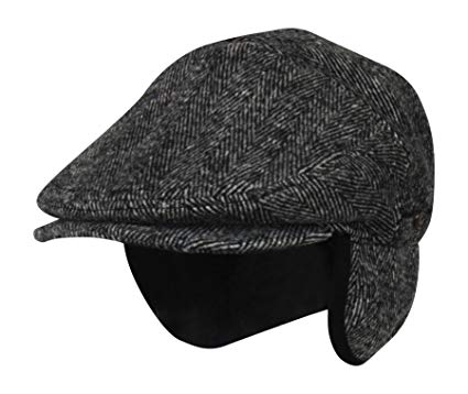 100% Wool Herringbone Winter Ivy Cabbie Hat w/ Fleece Earflaps – Driving Hat